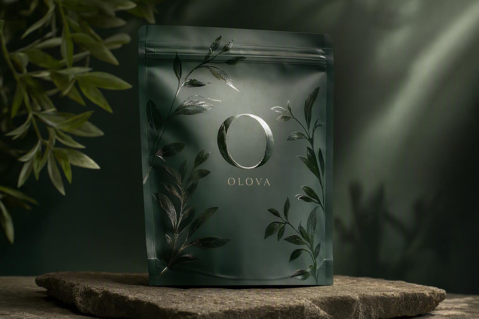OLOVA flexible pouch with glossy botanical spot-UV detail