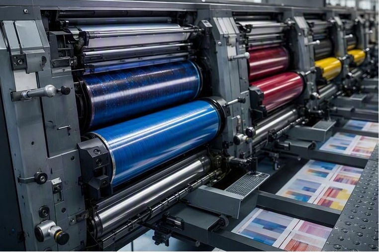 Offset printing press with ink rollers and fresh printed sheets