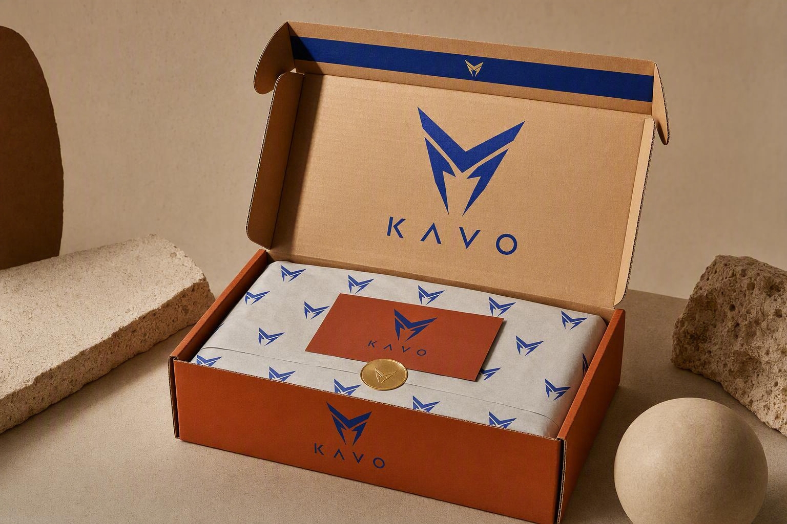 Opened rust-coloured corrugated mailer box with tissue paper