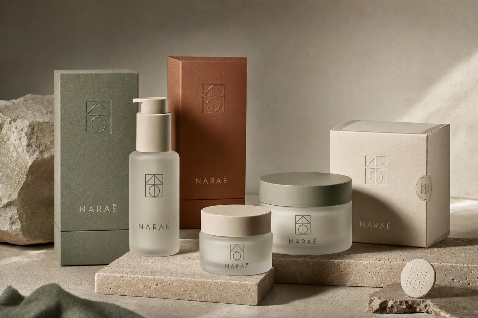 Frosted skincare jars and tubes paired with sage and terracotta cosmetic cartons