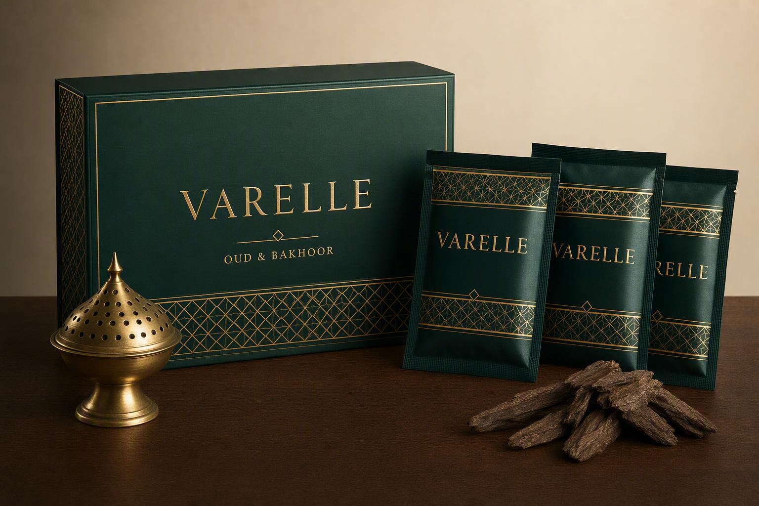 Varelle oud and bakhoor presentation packaging with matching sachets, incense burner and oud chips