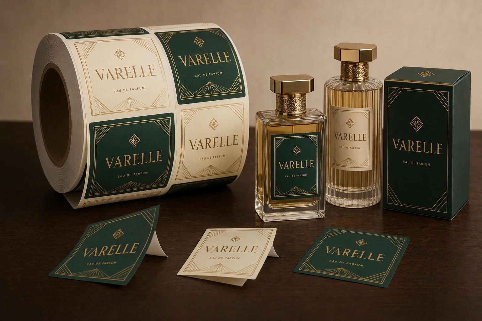 Varelle fictional-brand perfume label roll, individual labels, fragrance bottles and carton